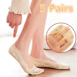 5pair/pack Boat Socks Girls Cotton Invisible Anti-slip Ankle Socks No Slip Woman No Show Socks Non-slip Women Girls Lace