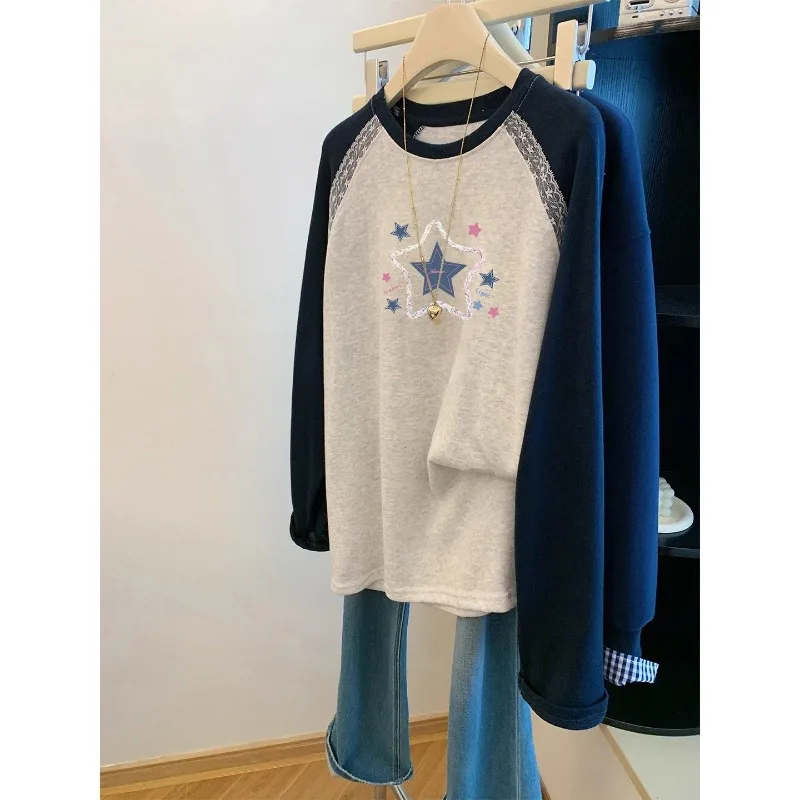 Fashionable Round Neck Design Niche Contrasting Raglan Sleeve Long Sleeve T-shirt for Women Autumn Bottoming Shirt for Women