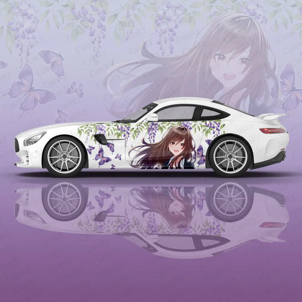 Wisteria Flower and Anime Girl Car Body Stickers Itasha Vinyl Car Side Decal Sticker Car Body Sticker Car Decor Stickers