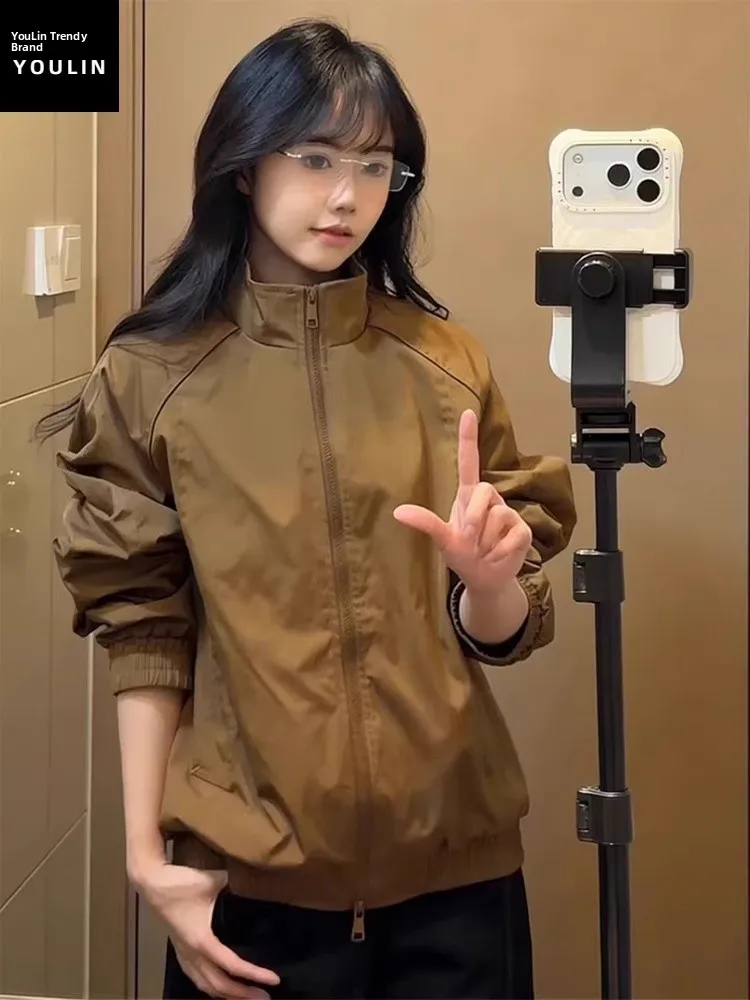 

Коричневая мужская куртка-пилот с воротником-стойкой в американском ретро-стиле, свободного кроя, для весны и осени