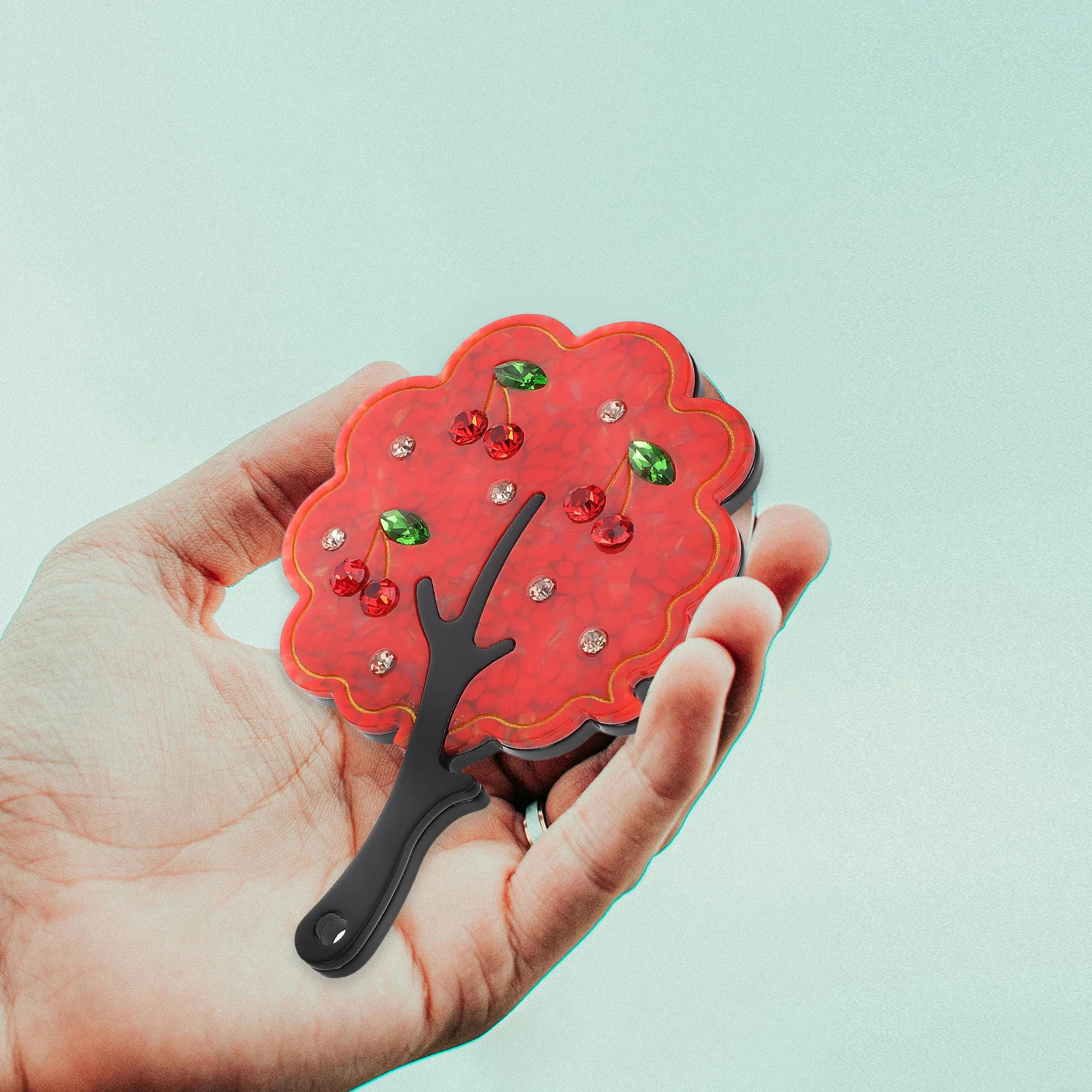 Tragbarer Mini-Spiegel aus Acetat, klar, Baumform, Strass, kompakt, für Damen und Kinder, Make-up, Reisen, kleiner Retro-Handspiegel