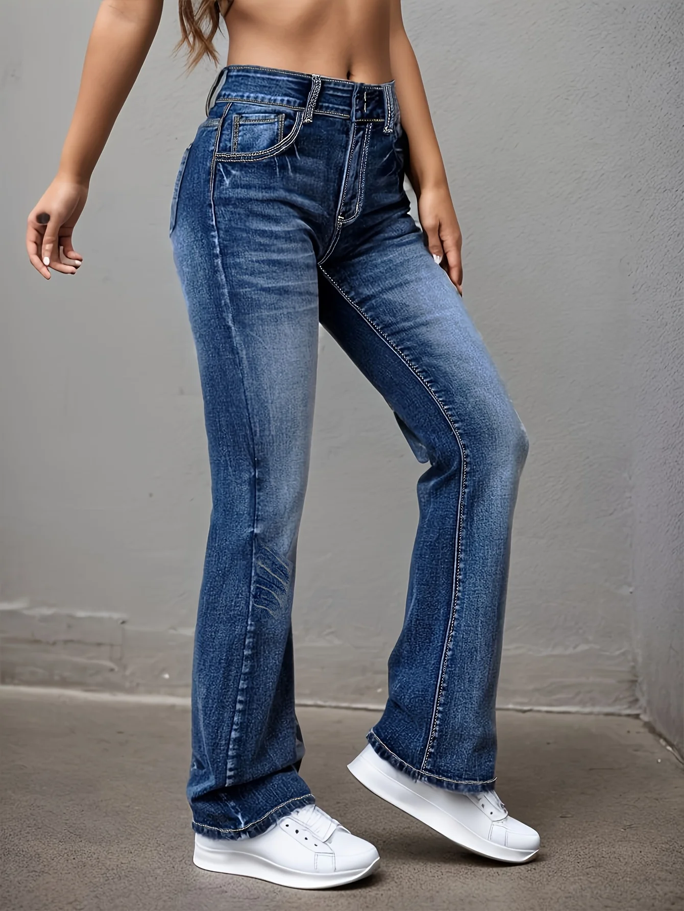 جينز كاجوال ممزق اللحية المتعثرة، جينز عالي المرونة مغسول، سروال واسع بجيب مائل وزر مزدوج