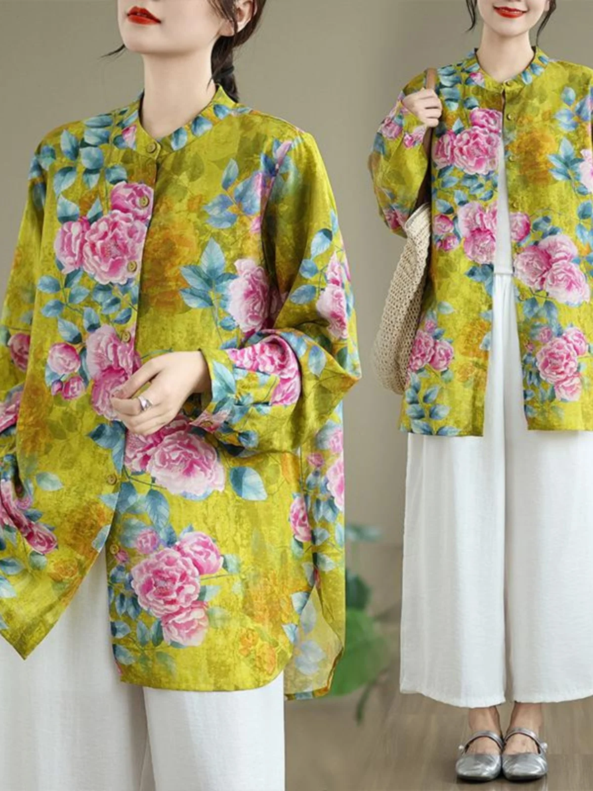 

Retro Print Long Sve Women's irt Ethnic Loose Artistic Top High Waist Casual Sle Spring Faion plus Size Inner Wear