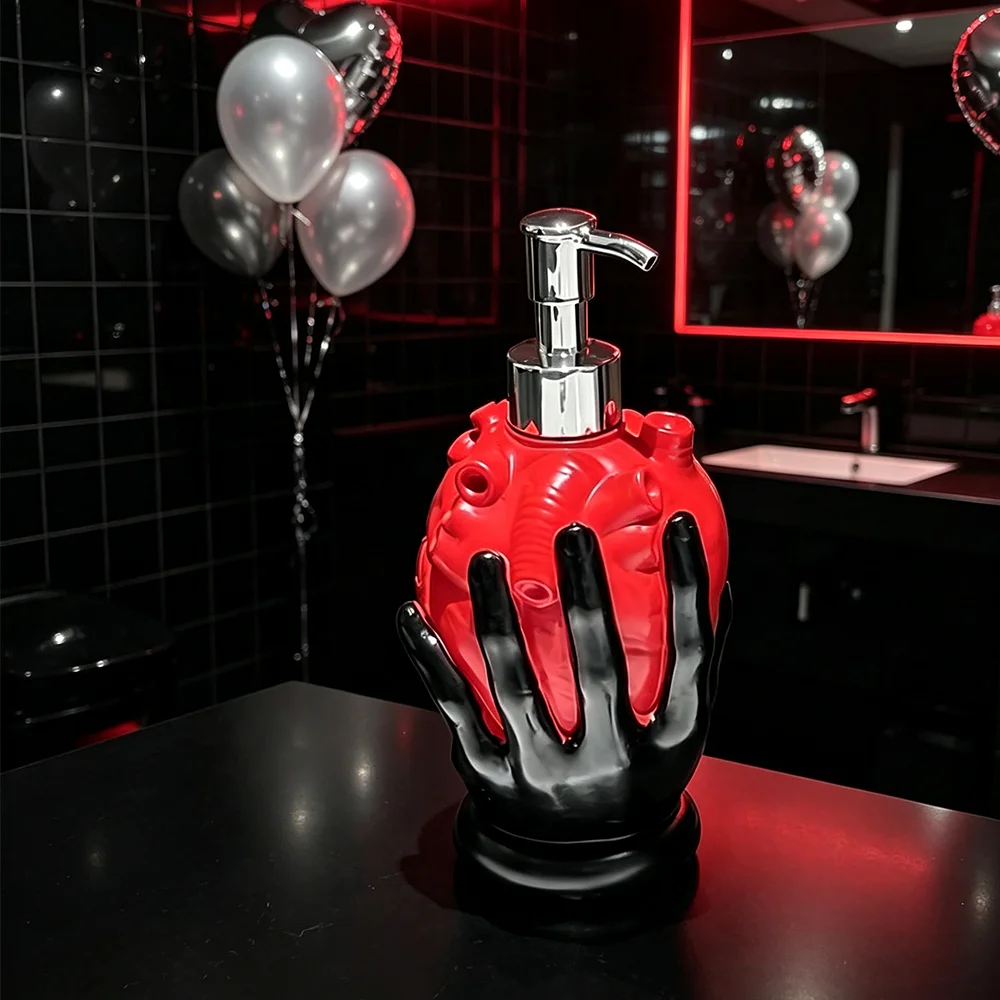 Creative and Unique Resin Black and Red Hand-Held Soap Dispenser, Hotel Sink Liquid Dispenser Bottle, Pump-Style Empty Bottle for Reusable Shampoo and Shower Gel, Heart-Shaped Tower-Style Lotion Bottle, Multi-Purpose Lotion Bottle for Hotel and Office Building Bathrooms, Halloween, Holiday Gift Decoration