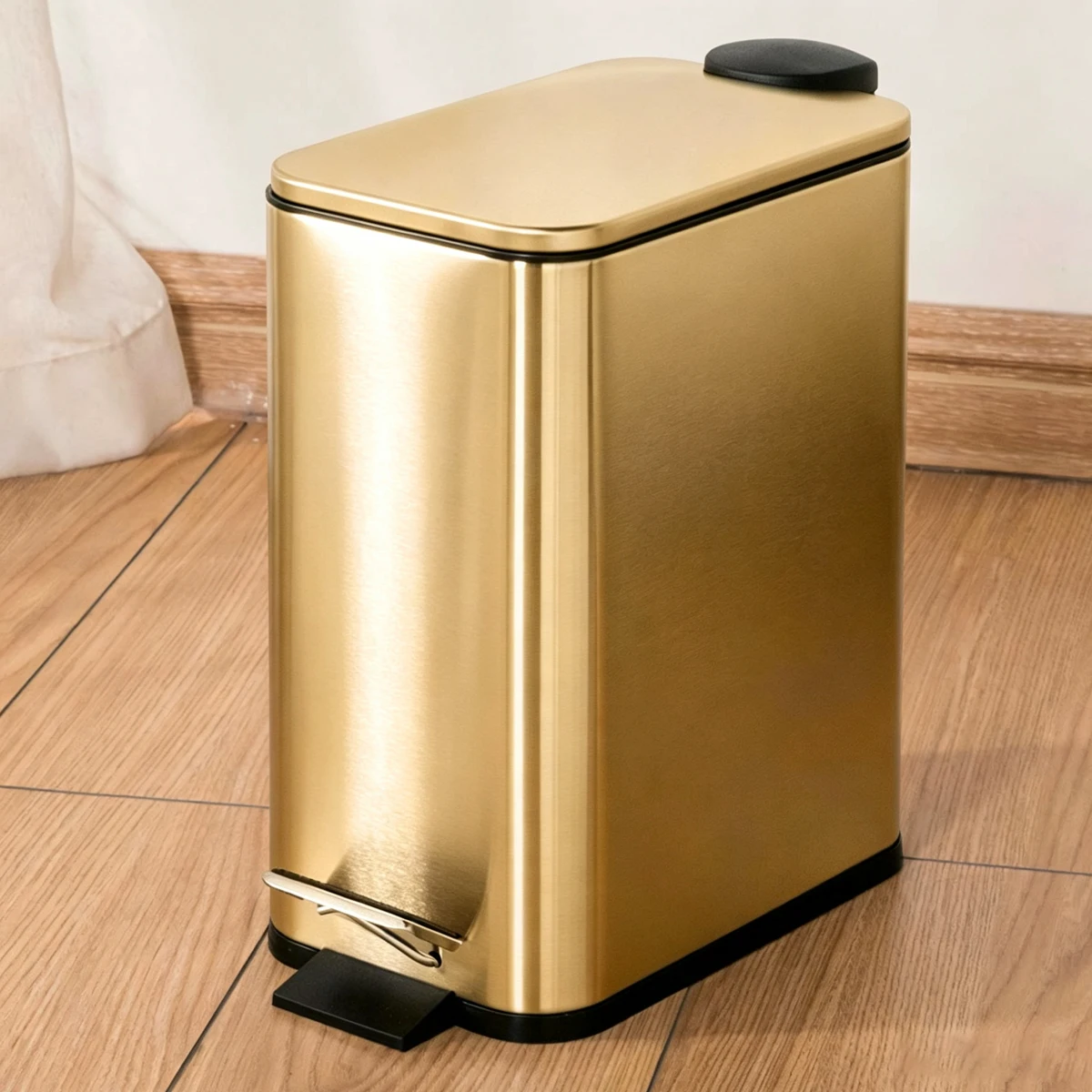 5L Champagne Gold Rectangular Pedal Trash Can with Thin-Lid , Stainless Steel Narrow Garbage Bucket for Bathroom Hotel Home