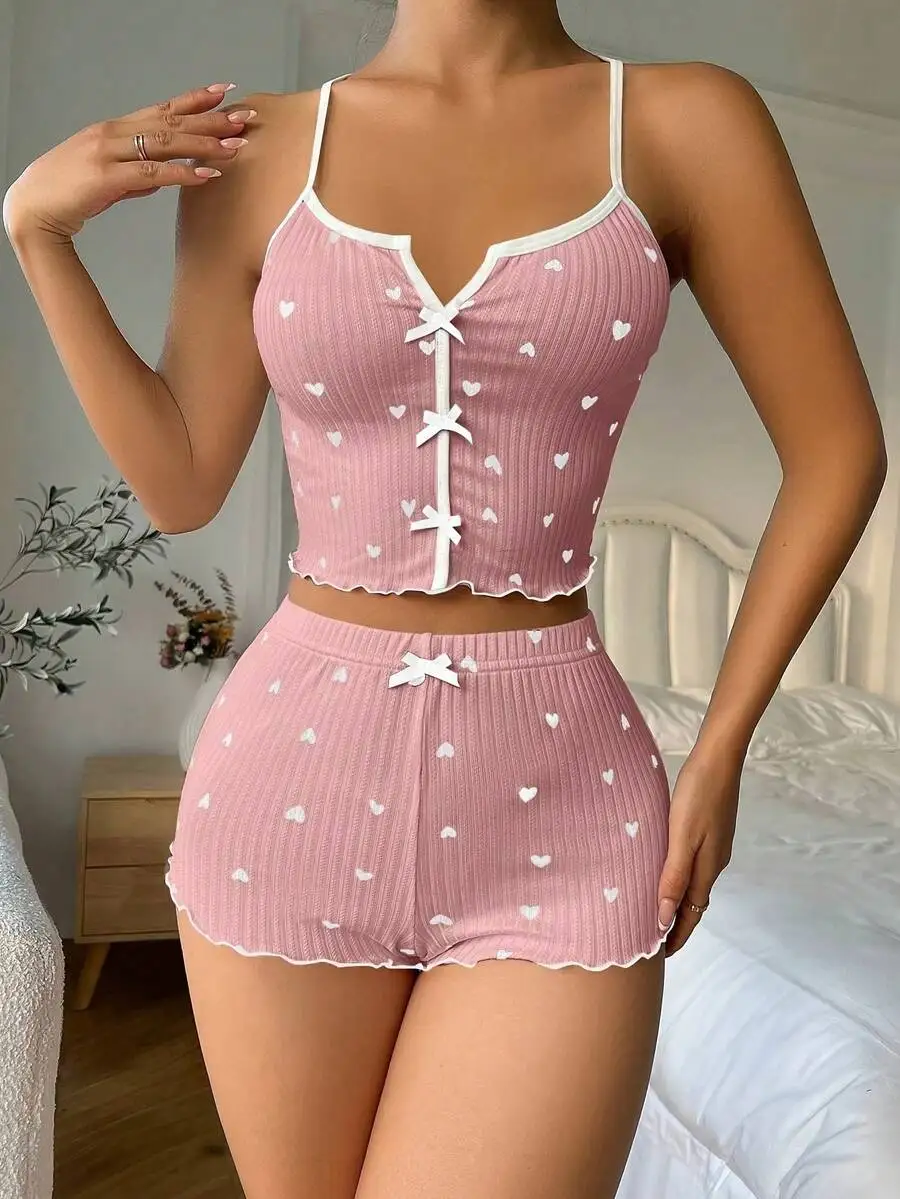 

Women Heart Print Ribbed Pajama Set Sleeveless Top With Cross Straps And Short Shorts
