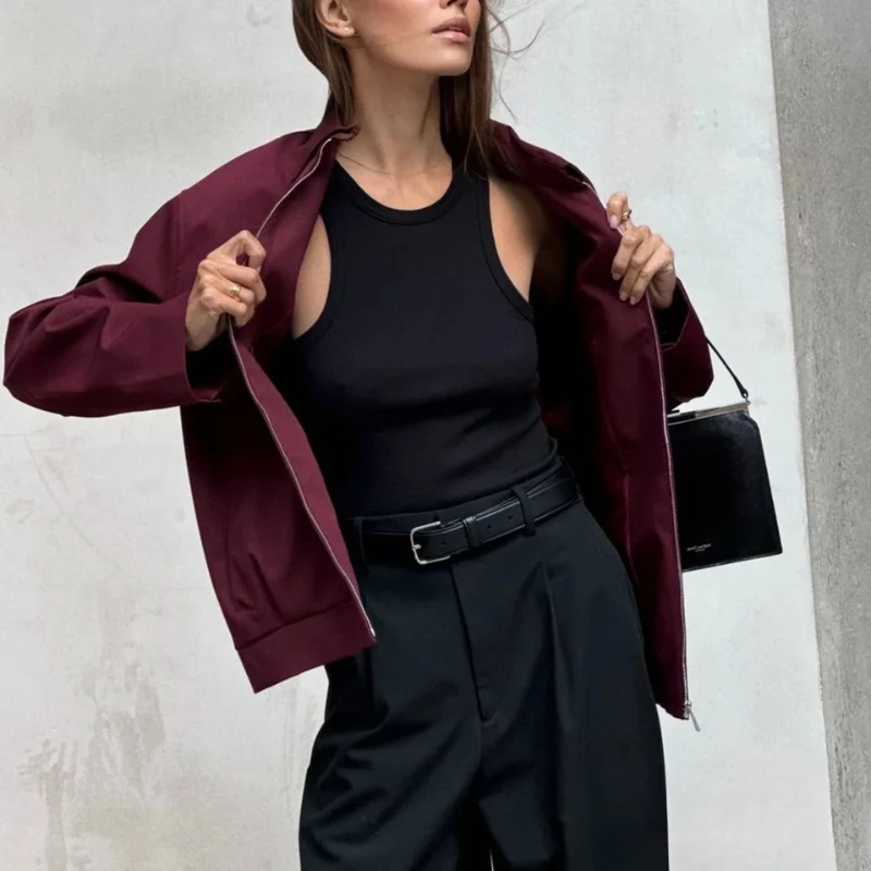 Trendix Vintage Burgundy Jacket For Women 2024 Autumn Winter Street Basic Casual Long Sleeve Coats Femme Retro Commuting Jackets