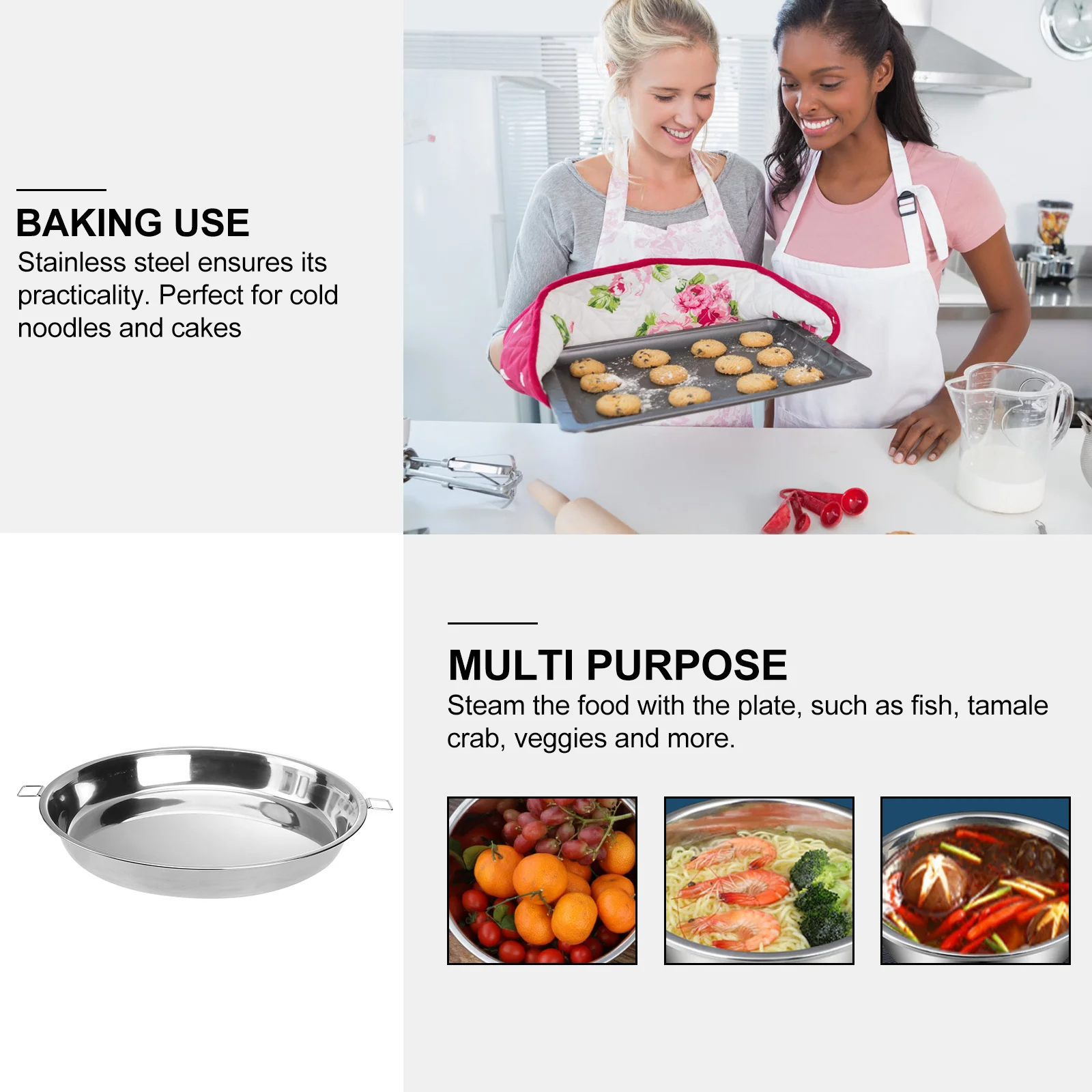 

1pc Stainless Steel Steaming Plate Double Handle High Temperature Resistant For Fish Crab Vegetables Multifunctional