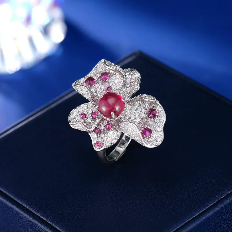 French Court Style Light Luxury Zircon High-end Ruby Ring Temperament Three-dimensional Flower Adjustable Ring for Women