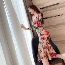 2020 autumn new European and American women's retro print slim slim fishtail dress with hips