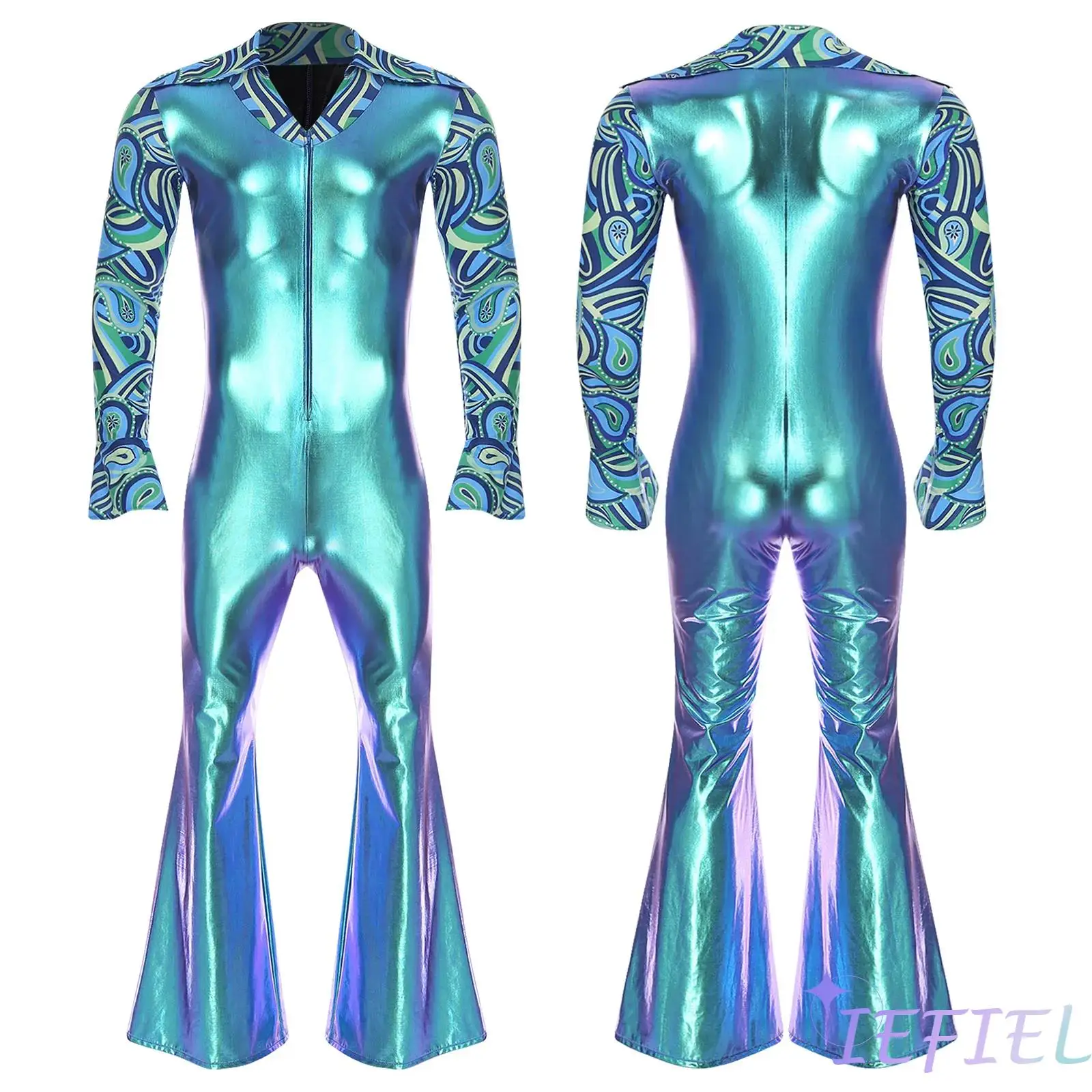 

Men Long Sleeve V-neck with Split Cuffs Bell Bottom Pants Jumpsuit for Rock Jazz Dancer Music Party Disco Theme Dress Up Costume