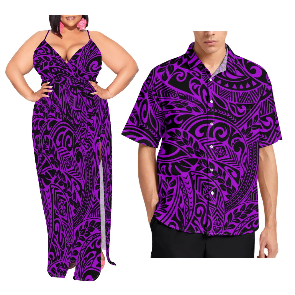 

High-Quality Custom Printed Pattern Polynesian Women'S V-Neck Fitted Halter Dress With Sexy Slit And Straps Elegant Dress