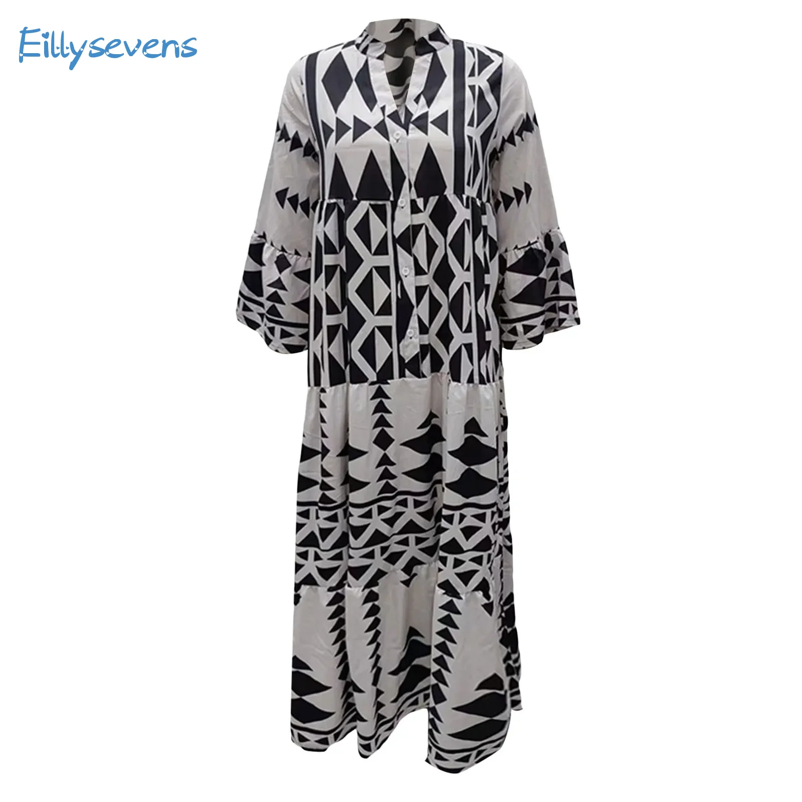 

Women'S Long Sleeve Dresses Fashion Classic Print V Neck Button Maxi Dress Summer New Bohemian Style Vacation Loose Long Dress