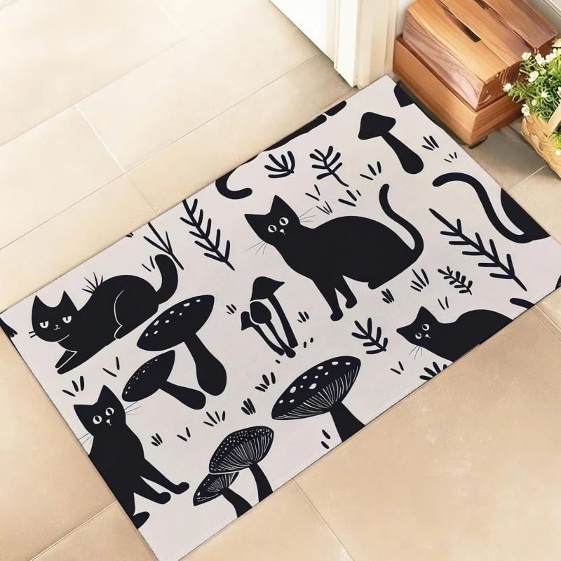 Black White Silhouette Cat Mushroom Door Mat Non Slip Entrance Doormat Simple Cartoon Kitten Plant Line Art Pattern Floor Rug