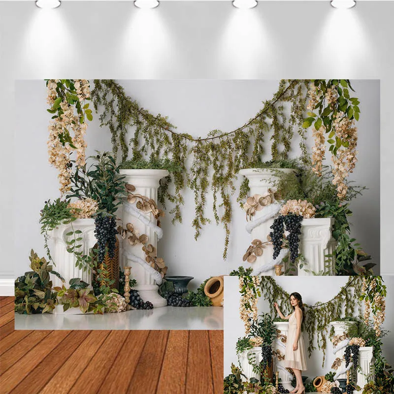 LS Photography Backdrop Bohemian White Roman Columns Dried Flower Decor Birthday Wedding Adult Portrait Photo Background Studio