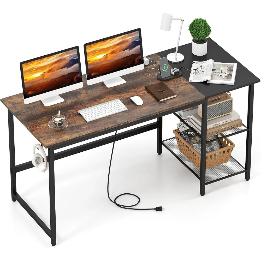 

59 Inch Computer Desk with Charging Station, Home Office Desk with Storage Shelves & Hook, Modern Laptop PC Table Workstation,