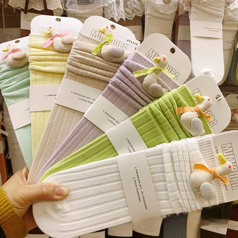 Spring summer bright color girls' medium tube socks children's thin cotton socks cute puppet baby stockings stacking socks