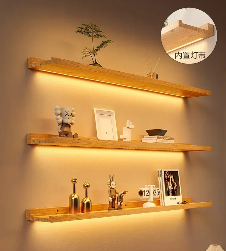 Customized luminous laminate solid wood wall shelf wall suspended shelf with lamp bookshelf living room storage baffle