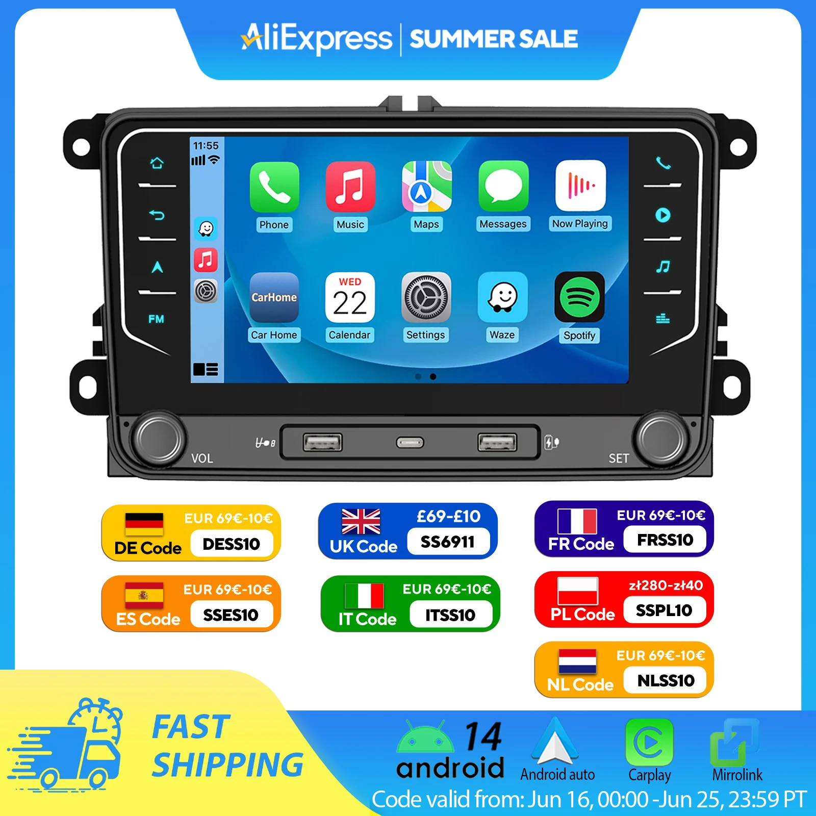 

ESSGOO 7" Android 14 4+64G Carplay Android Auto Car Stereo Radio GPS NAVI WIFI RDS BT For VW GOLF 5 6 Passat B6 B7 Caddy Touran