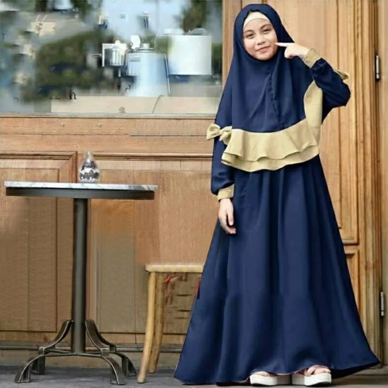 Wholesale Islamic Clothing Eid Kids Dress 2 Piece Set Full Sleeve O-neck Children Hijab Dress Abaya Muslim Girls Kids Abaya Set