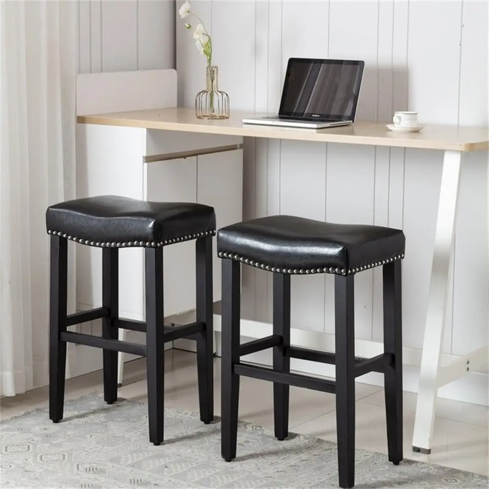 29"" Upholstered Counter Height Bar Stools, Backless Kitchen Island Stools With Linen Cushion, Wooden Bar Stool Saddle Stool