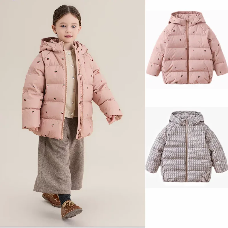 Children's Clothing 2026 Winter New Cherry Fashion Hooded 90 White Duck down Thickened Warm Waterproof Girls Down Jacket