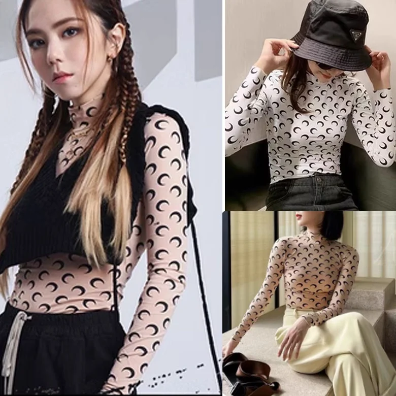 

Deng Ziqi Marine Moon f Тонкая длинная све с высоким воротником и защитой от солнца Slim Fit Skin irt Осенняя футболка для поездок на работу Sle Regul...