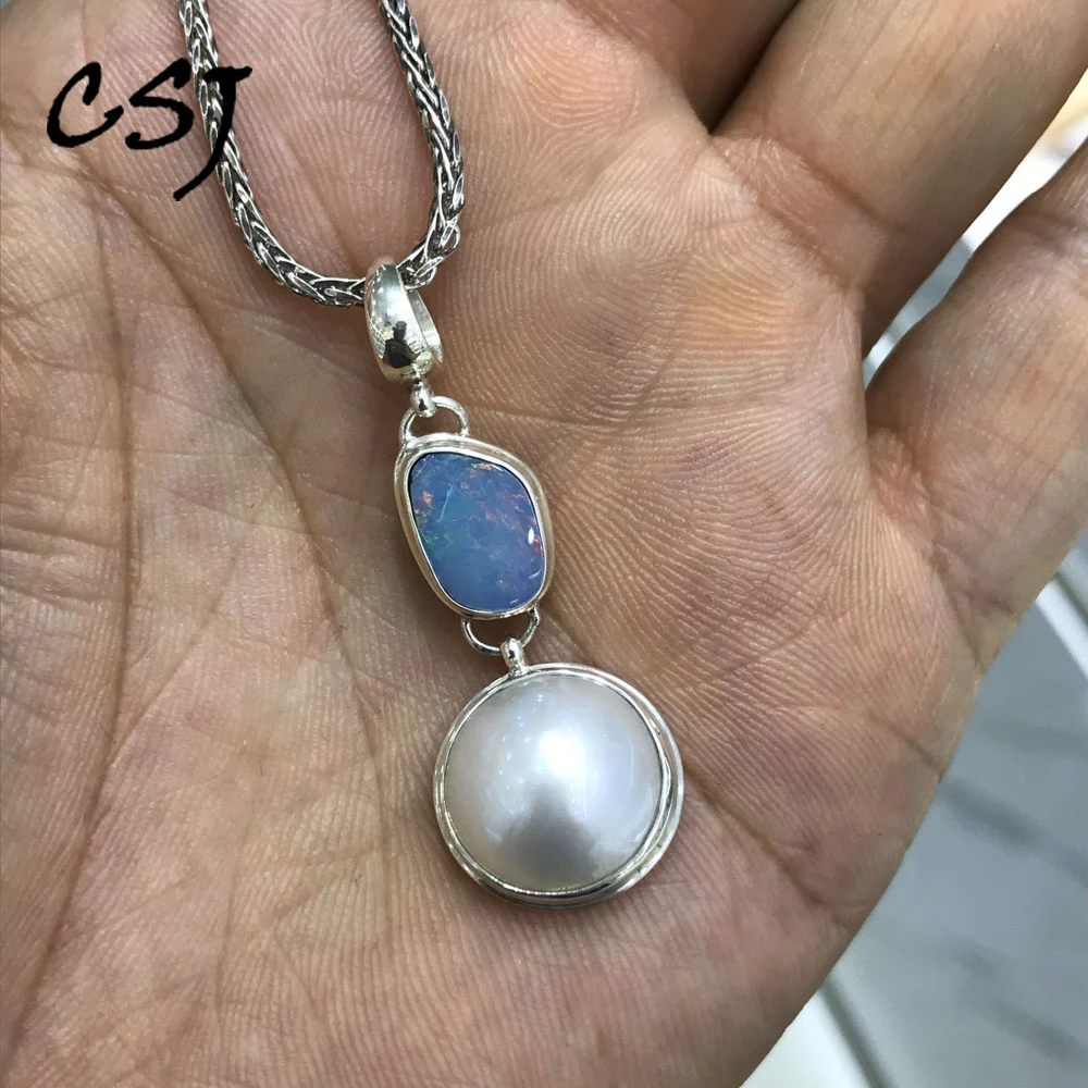 

CSJ Irregular Natural Australia Opal Pendants Sterling 925 Silver Mabe Pearl 12MM for Women Birthday Party Handmade Jewelry Gift