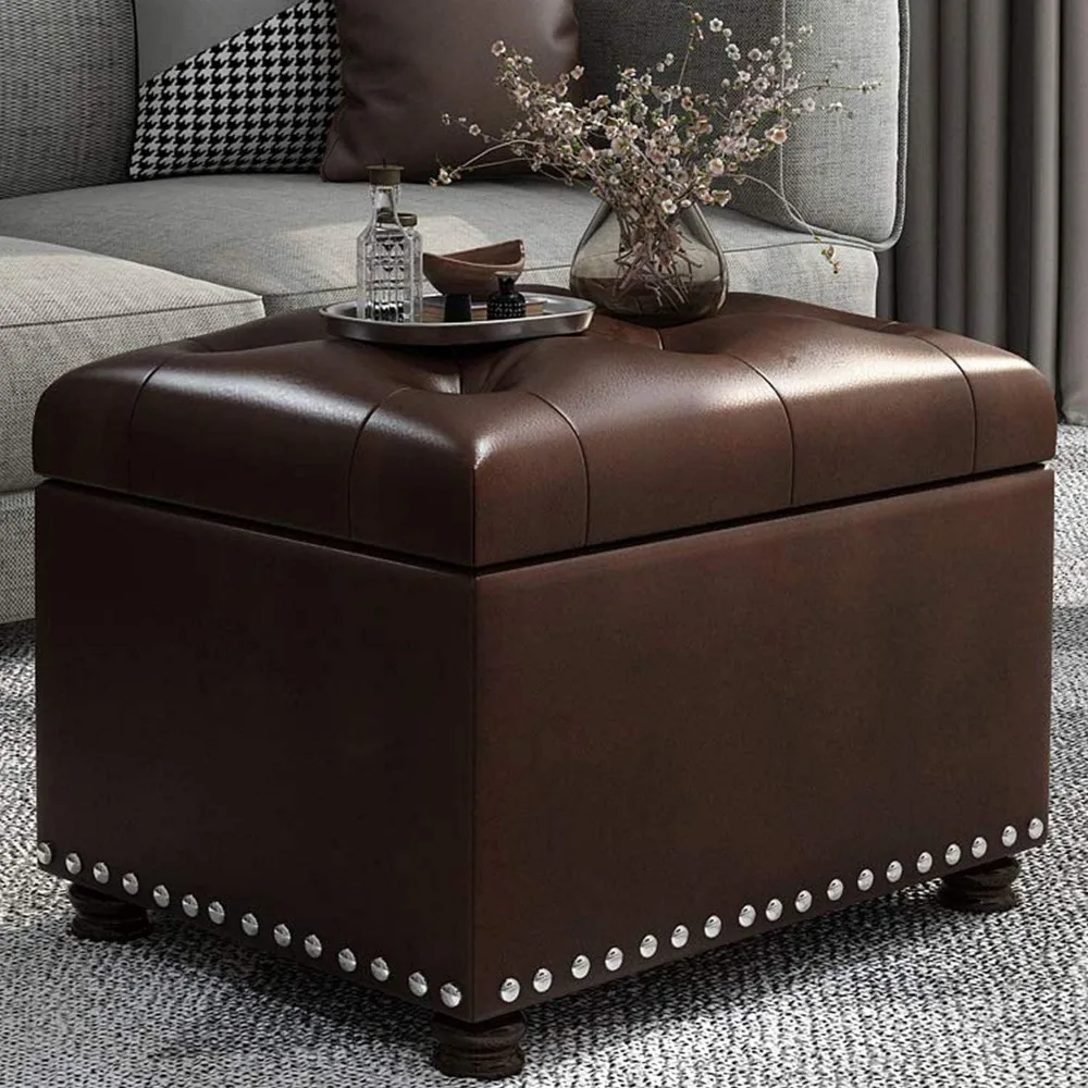 

Stool, Leather Storage Ottoman Rectangular Foot Rest Stools with Nailhead Trim for Bedroom Living Room, Stool