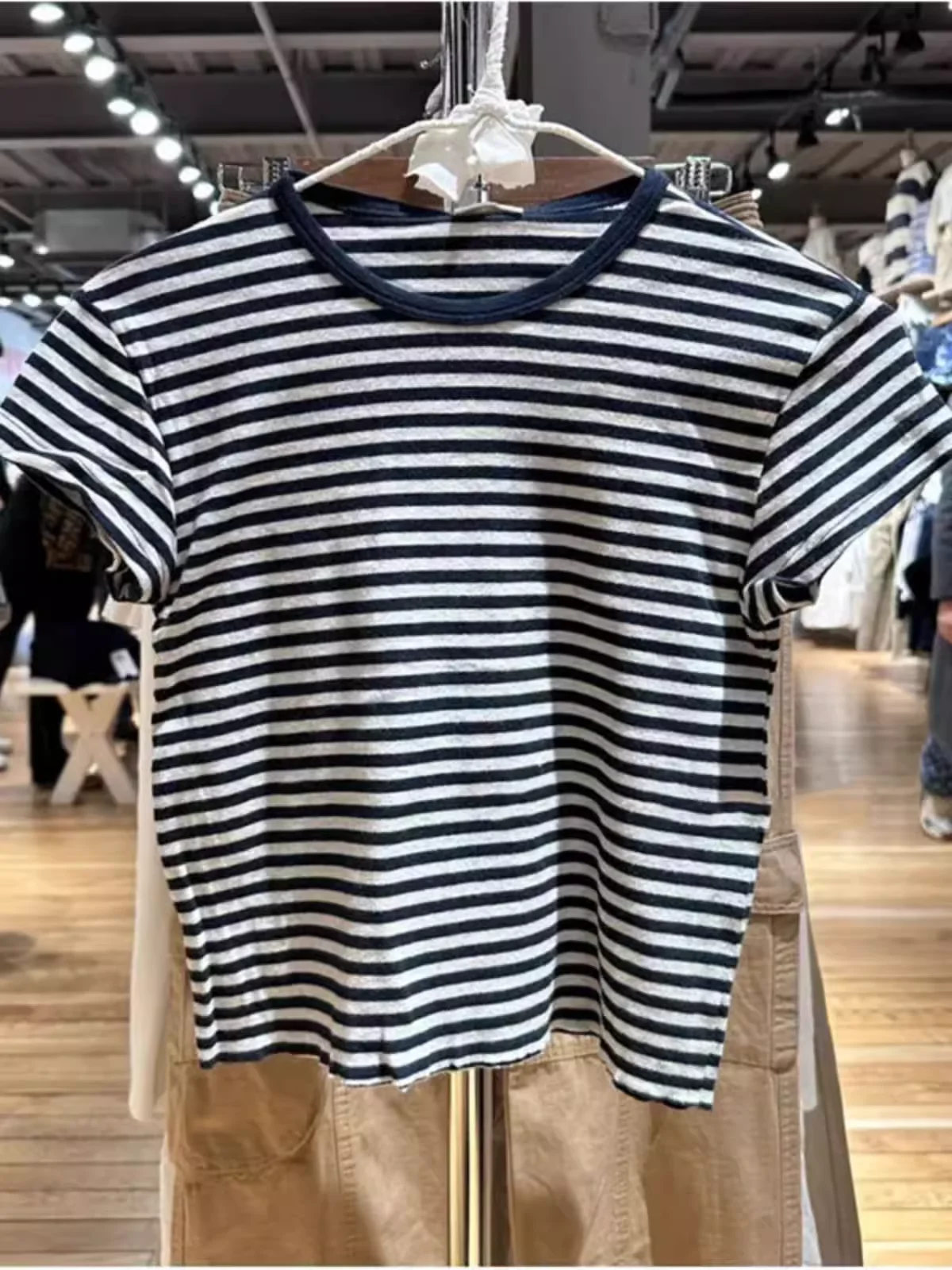 

Slim Fit Striped ort Sve T-irt Women's Brandy Girl BM Blue oulder High Waist Casual Versatile Cotton Top