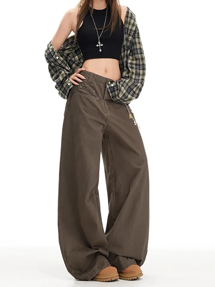 여성 Y2K 감성 하이웨이스트 배기진 루즈핏 보이프렌드 와이드 레그 데님 팬츠 트렌디 스트레이트 바지