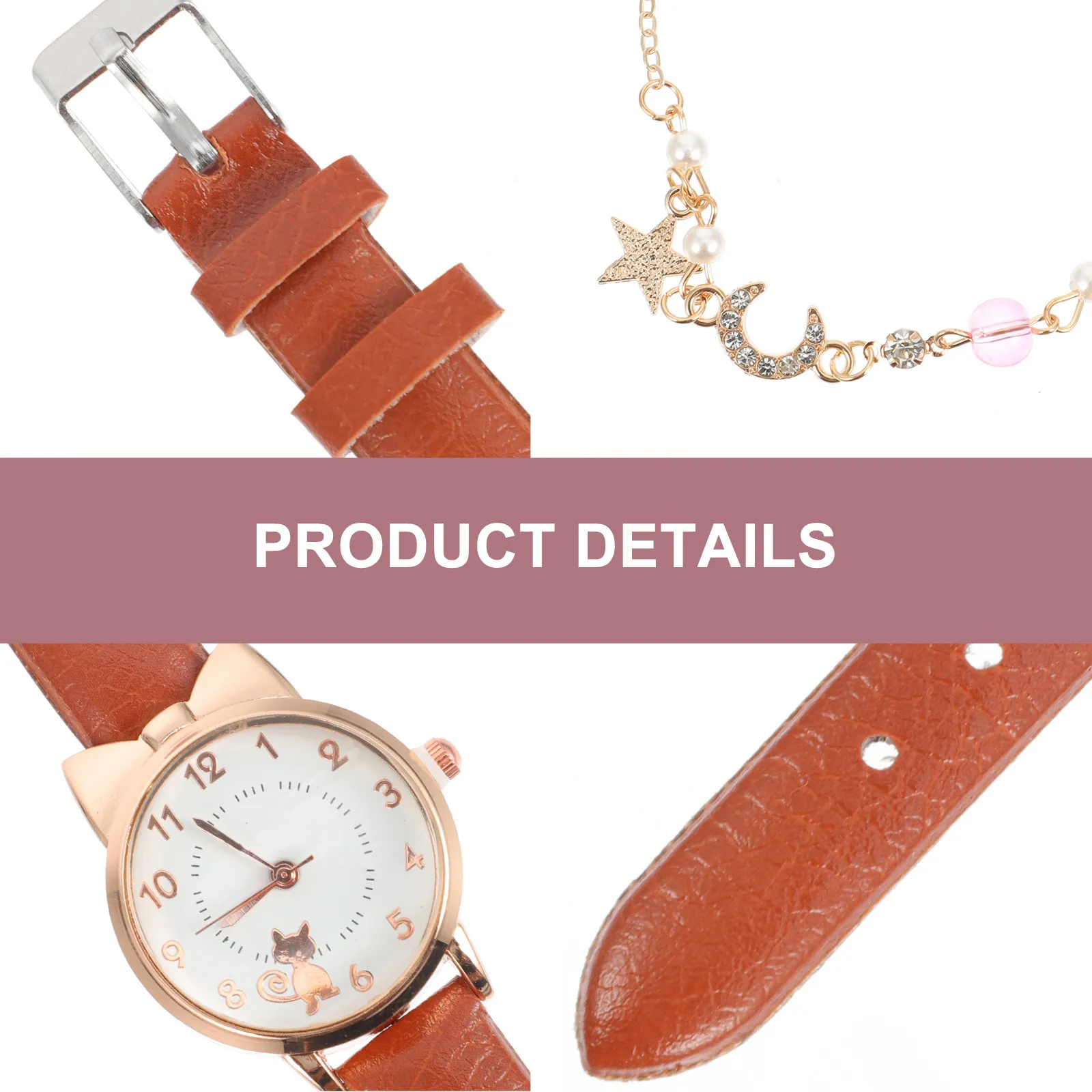 1Set Women Watch Set Cat Design Quartz Movement Moon Star Bracelet Band Fashion Gift for Her Elegant Daily Wear
