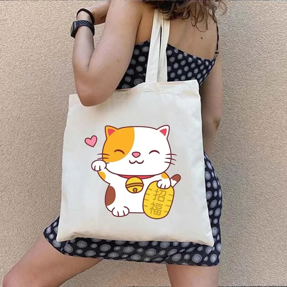 Cartoon Lucky Cat Canvas Handbag Maneki Neko Heart Shaped Coin Pattern Eco Friendly Reusable Single Shoulder Shopping Bag