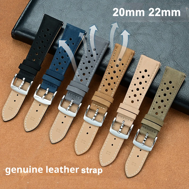 Mattes Echtleder-Uhrenarmband, 20 mm, 22 mm, Schnellverschluss, atmungsaktive Löcher, Retro-Ersatzband, Armband, Uhrenzubehör