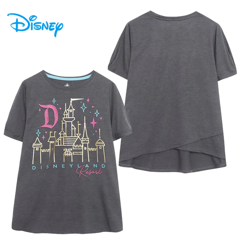 Disney-Women's Disneyland Castle PrintedカジュアルTシャツ、o Neck Tee、半袖、女性用プルオーバートップ、ストリートウェアTシャツ、刺embroidery、hi-lo