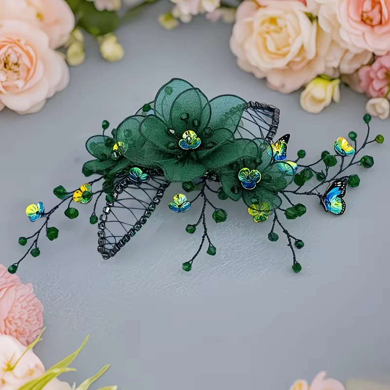 Handcrafted Emerald Organza Flower & Butterfly Hair Clip image 3