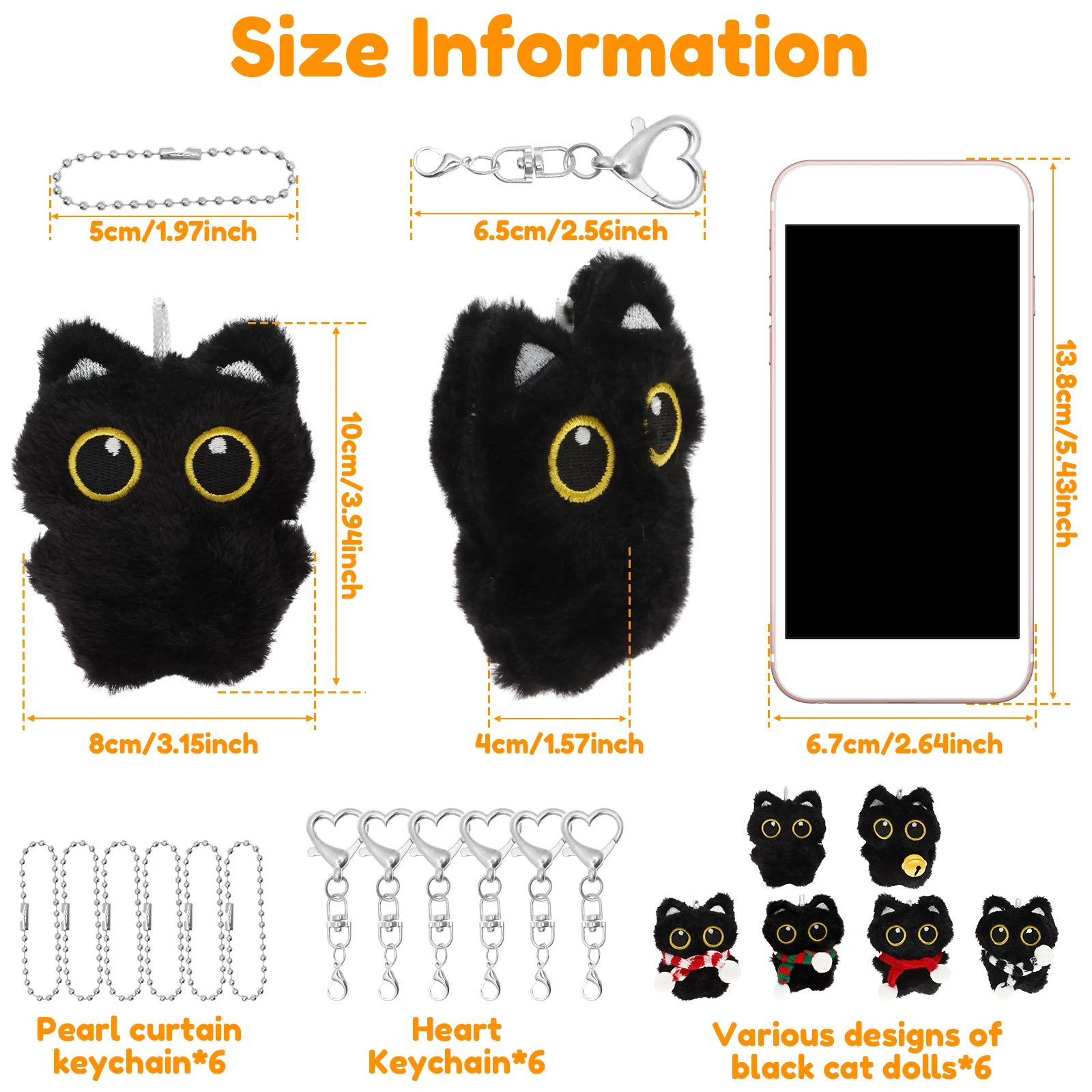 1/6Pcs Plush Black Cat Lightweight Unique Cat Doll Keyring Black Cats Style Keychain Accessories for Handbag Backpack Decor Gift