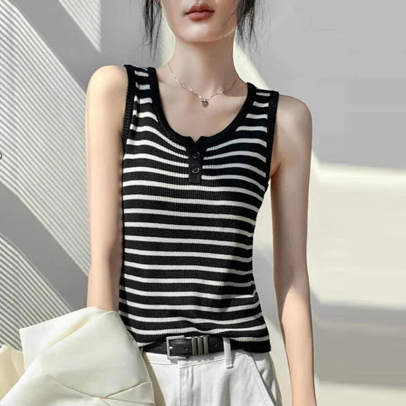 

Вязаный женский свитер, жилет, новый полосатый вязаный свитер без рукавов с круглым вырезом, жилет, женские топы, верхняя одежда, свитера Sueters De Mujer Q1218