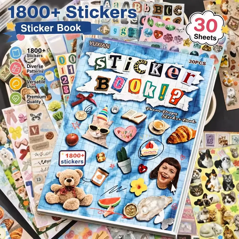 1800+Pcs Sticker Book 30Sheets Multi Theme Self Adhesive Decorative Stickers For Journal Scrapbook Diary Planner DIY Craft Gift