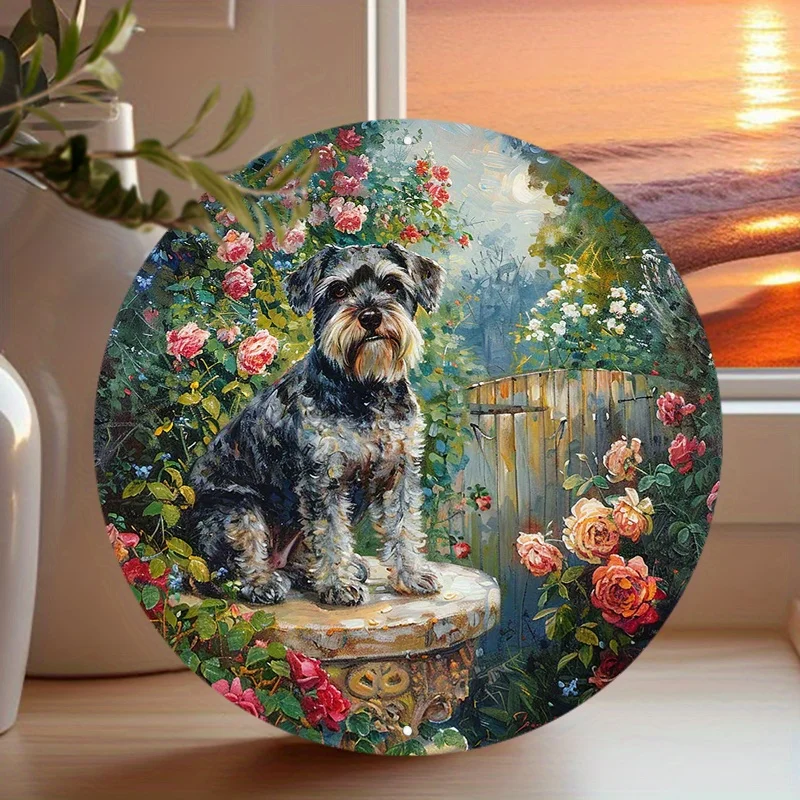 1pc 8X8 Inch (20X20 Cm) Round Aluminum Sign Metal Sign Cute Schnauzer Wreath Aluminum Sign for Garden Outdoor Indoor Farm Commer