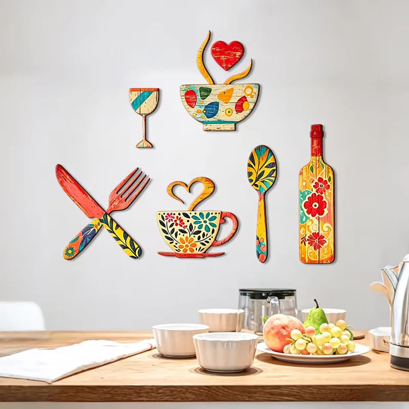 Colorful Tableware Coffee Wine Wooden Wall Decor with Nano Tape No Drilling Kitchen Dining Room Wall Ornament