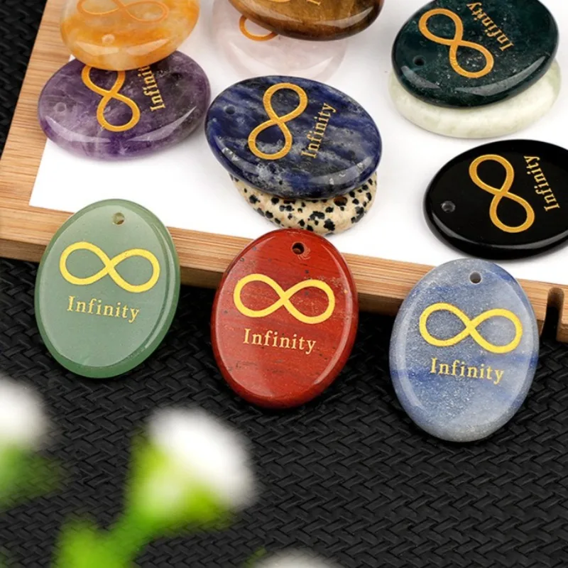 6pc/lot Oval Engraved Sacred Infinity Symbol Worry Palm Stone Pendant Gemstone Crystal Eternal Love Protection Jewelry