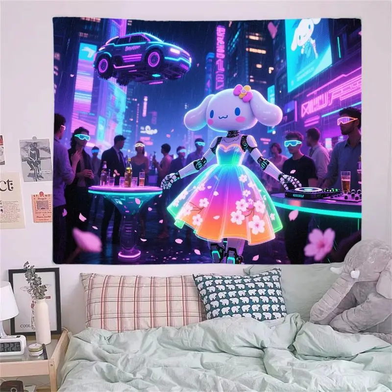 1PC 카와이 로봇 DJ 개 태피스트리 사이버펑크 네온 레이브 벽 예술 미래지향적인 도시 장식 게이머를 위한 아름답고 생생한 선물