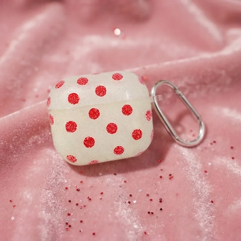 Multi colored shock-absorbing headphone case protective cover with polka dot pink diamond and a circular keychain