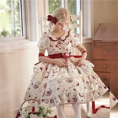 Abito Lolita autunnale Abito da ragazza in chiffon con stampa mela beige di media lunghezza Abito Kawaii Manica corta Colletto a petalo Abiti attillati in vita