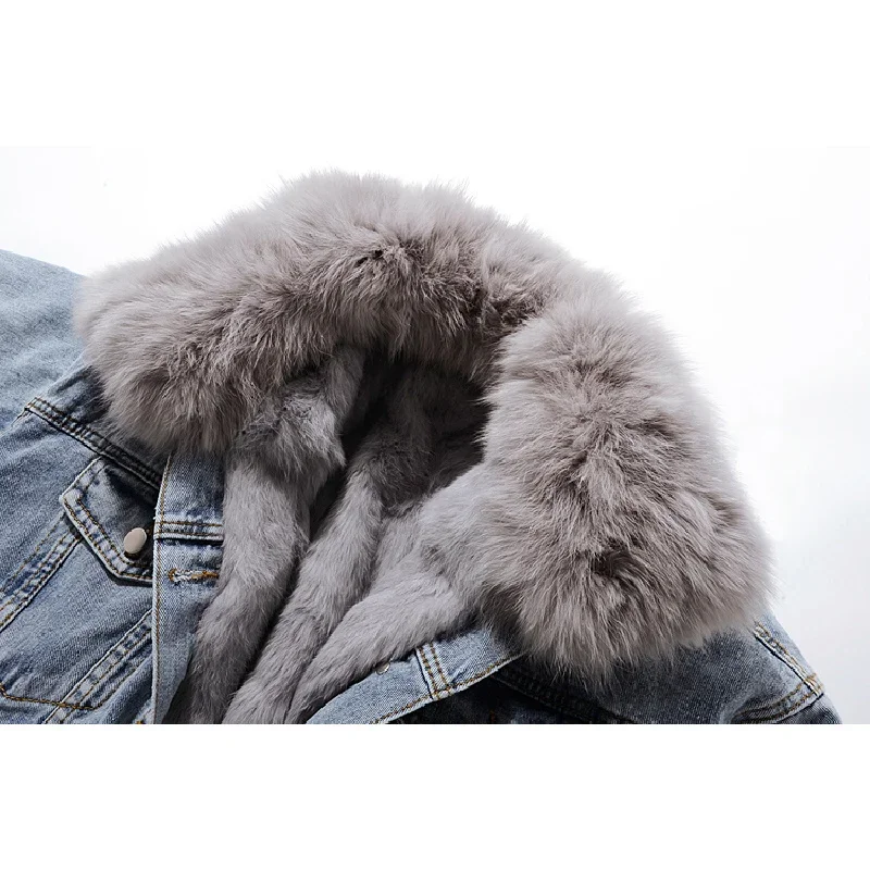 Herbst Winter Natürliche Fuchs Pelz Kragen Abnehmbare Kaninchen Pelz Liner Denim Jacke Mantel Frauen Lose Saum Split Gabel Jeans Jacke Weibliche