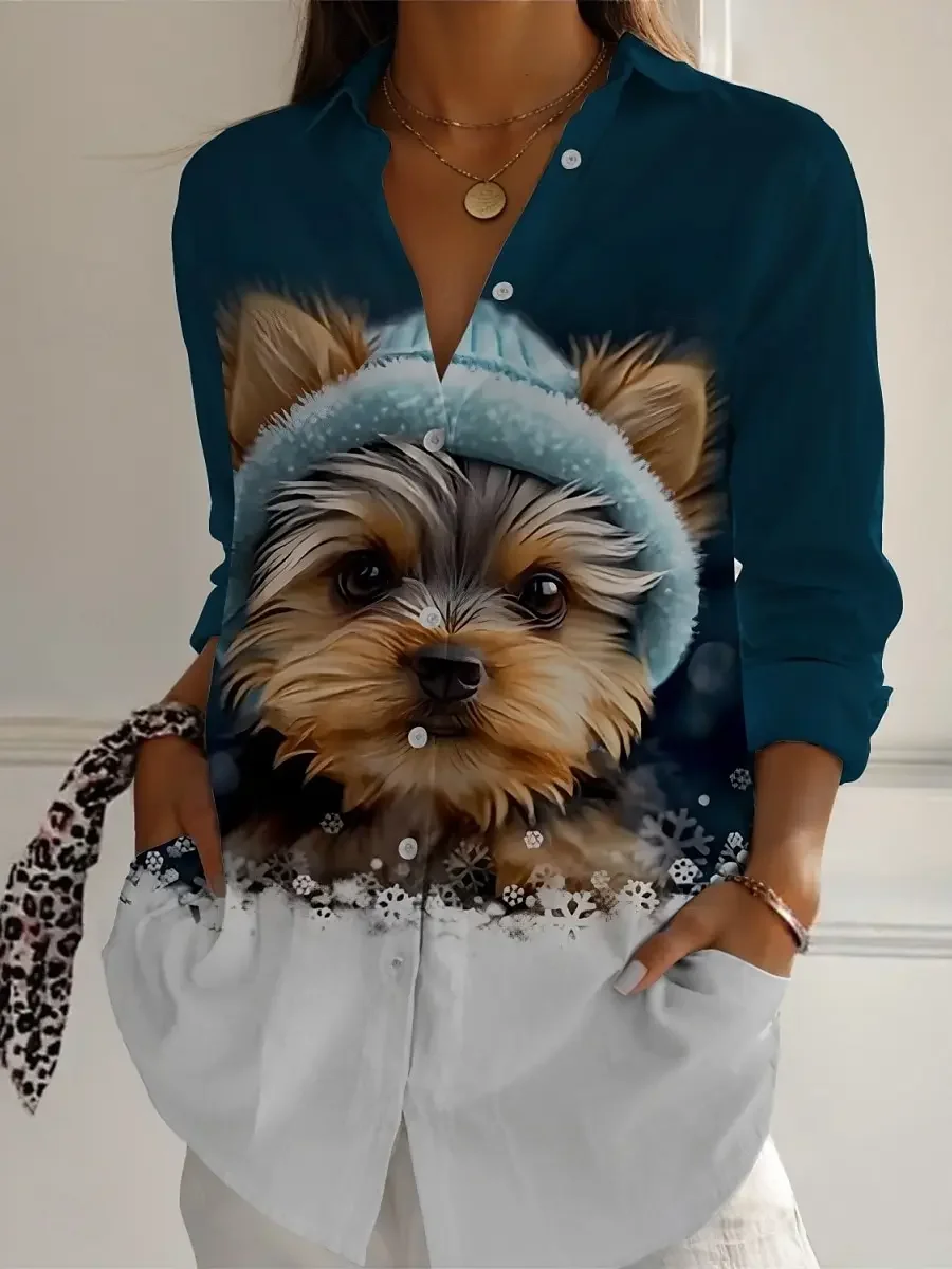 

Женская рубашка с милой собакой, активная повседневная стильная рубашка с длинным рукавом и воротником, обычные топы, весенне-осенние повседневные праздничные топы с принтом на пуговицах