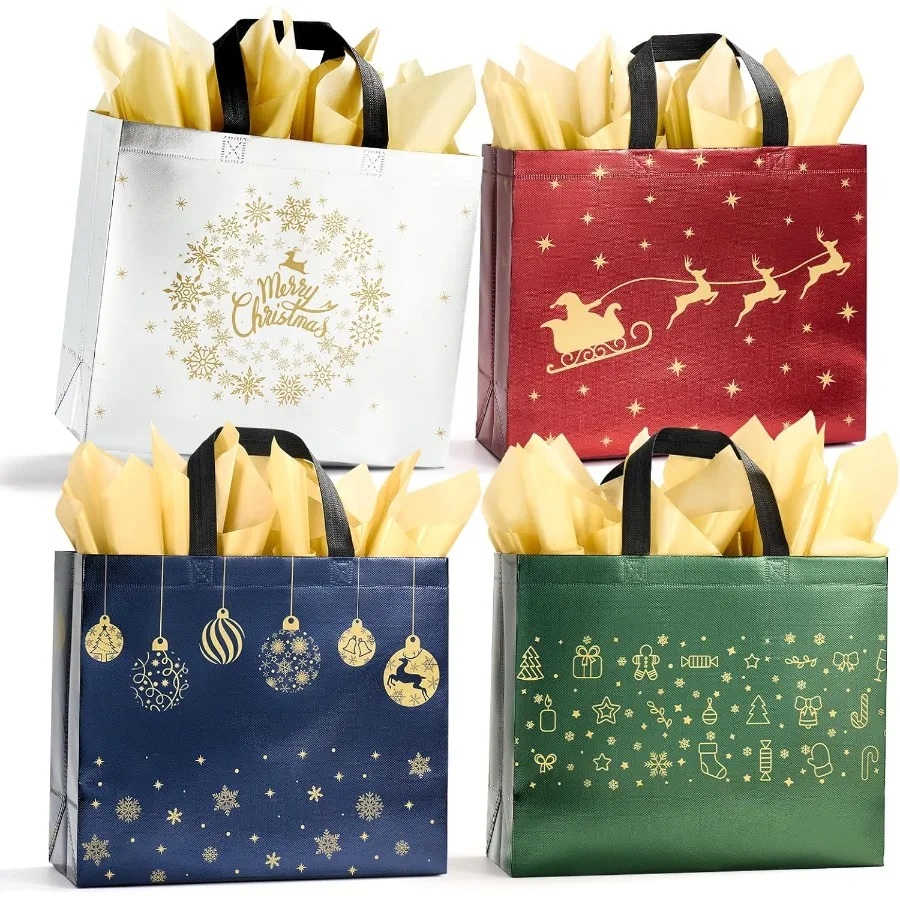 

YANGTE 48 Pack 13" Lar Cristmas Gift ags Wit Tissue Paper Reusale 4 Uque Designs Cristmas ags wit andle for Gifts Wrapping Sopp