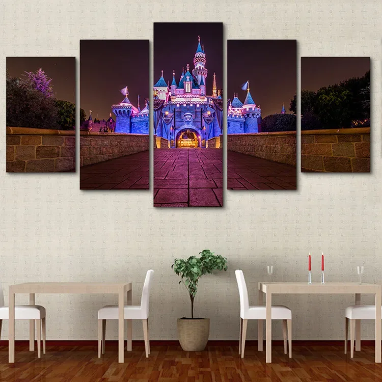 

Pink and Blue Princess Castle 100CM framed decorative painting, 5-piece castle building home decoration poster