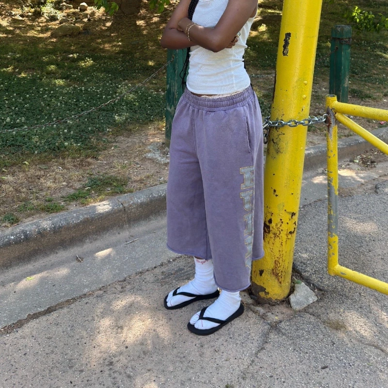 Y2K Retro Imperfect Purple Shorts Sunfade Letter Print Capri Pants American Hip Hop Casual Streetwear Unisex Baggy Sweatpants